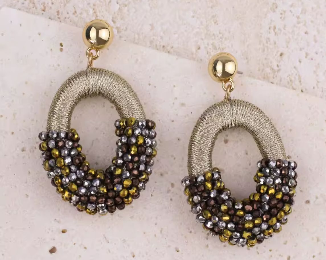 Sara Beaded Drop Earrings in Metallic Green